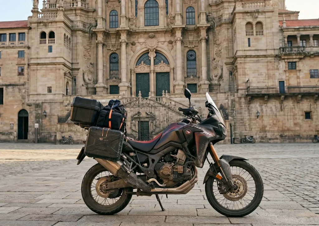 An adventure motorcycle loaded with travel panniers, parked in the center of Santiago de Compostela's Obradoiro Square, in front of the imposing baroque facade of the Cathedral.